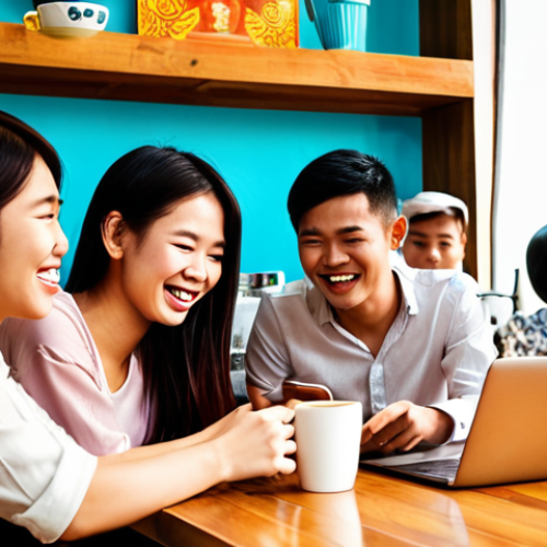 Home 11 **Image Prompt:** A vibrant scene of young Vietnamese adults connecting and laughing over coffee in a modern cafe, all using their smartphones and laptops. Subtle overlays of popular Vietnamese social media app icons like Zalo and Facebook. Focus on warm lighting and authentic interactions, conveying a sense of community and friendship.