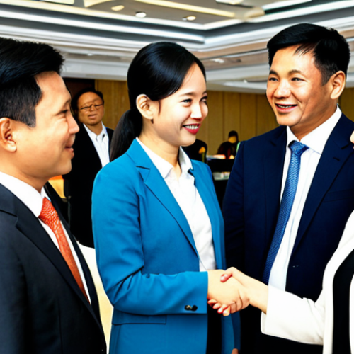 Home 6 A vibrant professional networking event in a modern conference hall in Ho Chi Minh City. Diverse adult professionals, men and women, are actively engaging in conversations, shaking hands, and exchanging business cards. All subjects are fully clothed in modest business suits and professional dresses, appropriate attire for a corporate setting. The atmosphere is bright and energetic, with a focus on genuine connections. Professional photography, high resolution, realistic, perfect anatomy, correct proportions, natural pose, well-formed hands, proper finger count, natural body proportions, safe for work, appropriate content, fully clothed, professional, family-friendly.