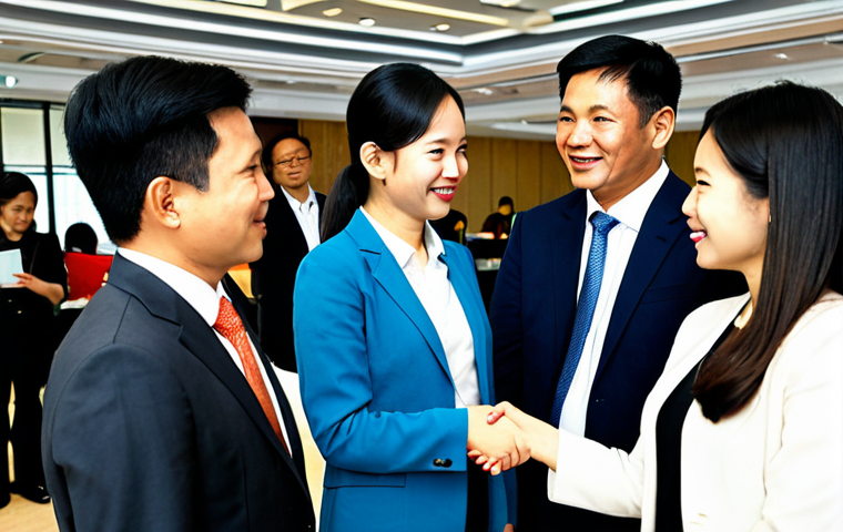A vibrant professional networking event in a modern conference hall in Ho Chi Minh City. Diverse adult professionals, men and women, are actively engaging in conversations, shaking hands, and exchanging business cards. All subjects are fully clothed in modest business suits and professional dresses, appropriate attire for a corporate setting. The atmosphere is bright and energetic, with a focus on genuine connections. Professional photography, high resolution, realistic, perfect anatomy, correct proportions, natural pose, well-formed hands, proper finger count, natural body proportions, safe for work, appropriate content, fully clothed, professional, family-friendly.