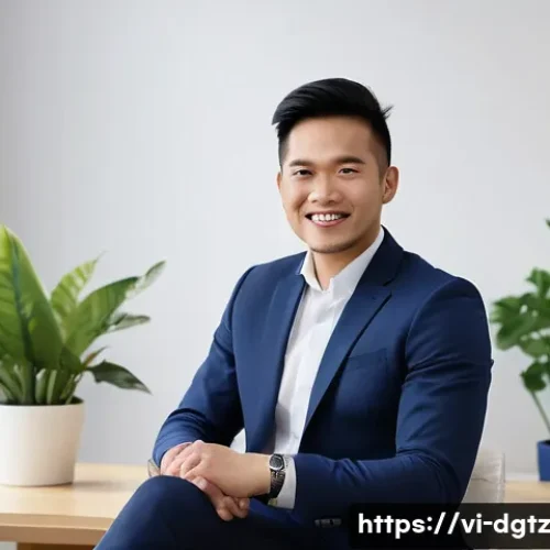 전문가와의 디지털 네트워킹 팁 - A professional Vietnamese man in his early 30s, wearing a smart casual outfit with a crisp white shi...