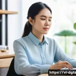온라인 네트워킹 성공 사례 분석 - A professional Vietnamese businesswoman in smart casual attire, sitting at a modern home office desk...
