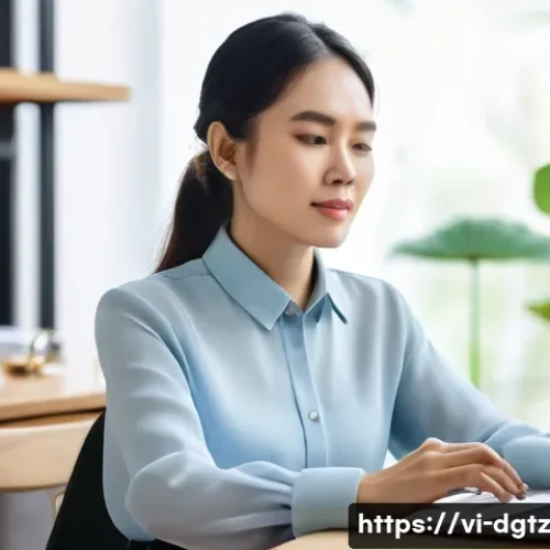 온라인 네트워킹 성공 사례 분석 - A professional Vietnamese businesswoman in smart casual attire, sitting at a modern home office desk...