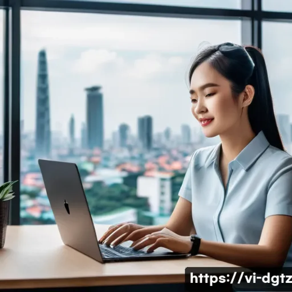 디지털 네트워킹을 위한 플랫폼의 다양성 - A professional Vietnamese businesswoman working on a laptop in a modern coworking space, surrounded ...