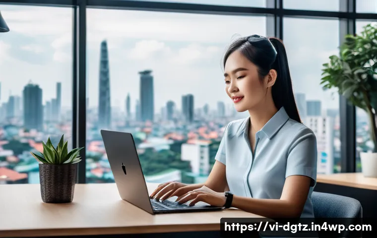 디지털 네트워킹을 위한 플랫폼의 다양성 - A professional Vietnamese businesswoman working on a laptop in a modern coworking space, surrounded ...
