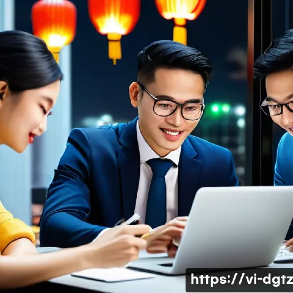 디지털 네트워킹의 기초 필수 요소 정리하기 - A professional Vietnamese digital networking scene showing a diverse group of young business people ...
