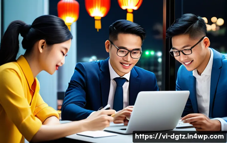 디지털 네트워킹의 기초 필수 요소 정리하기 - A professional Vietnamese digital networking scene showing a diverse group of young business people ...