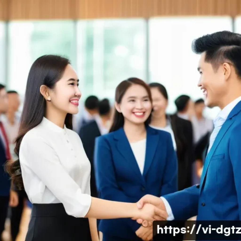 비즈니스 네트워킹의 성공 요인 분석 - A professional Vietnamese business networking event scene set in a modern conference hall in Ho Chi ...
