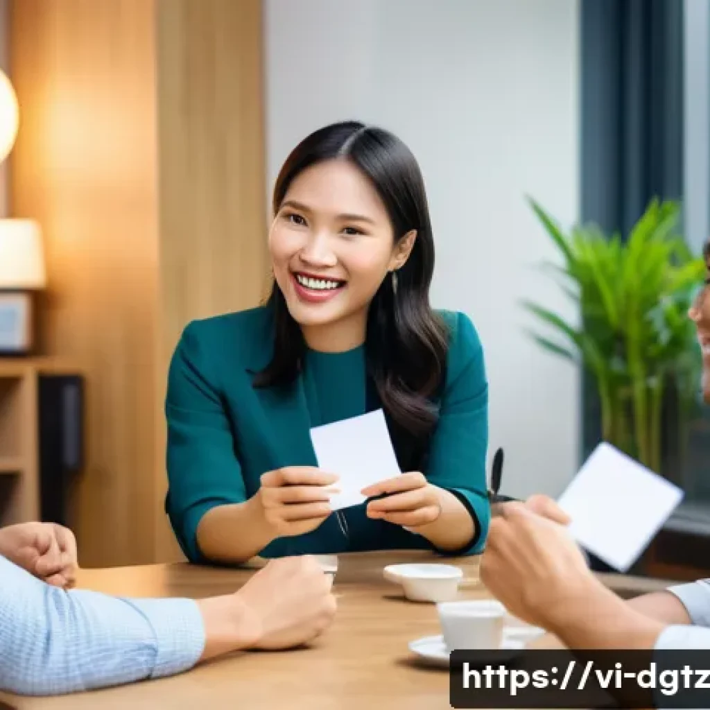 전문가의 경험을 통한 네트워킹 기술 - A professional networking event in a modern Vietnamese office setting, diverse group of businesspeop...
