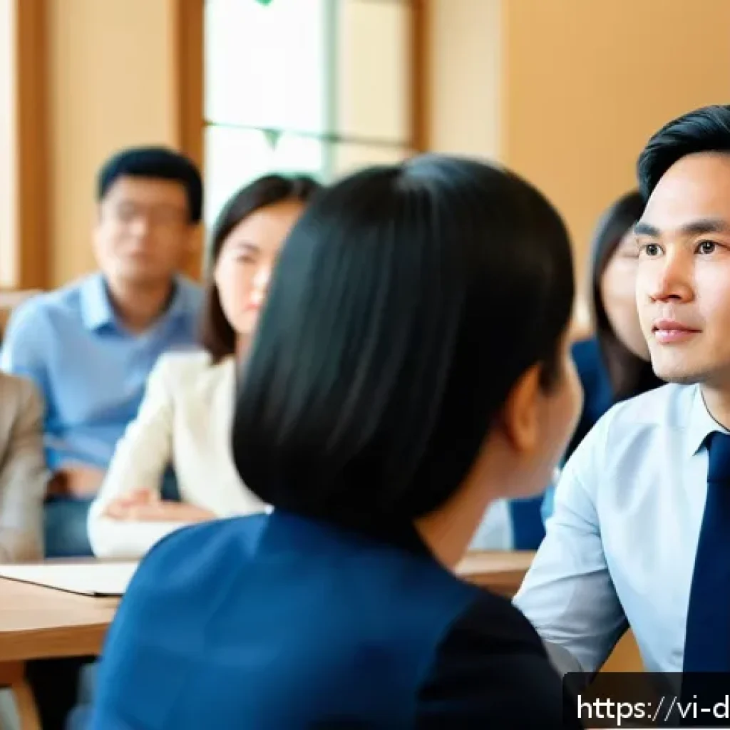 전문가의 조언을 받아들이는 기술 - A professional Vietnamese business meeting scene showing diverse adults attentively listening to a s...