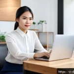 Home 22 온라인 네트워킹의 기회를 극대화하는 방법 - A professional Vietnamese businesswoman in her early 30s, dressed in modern smart casual attire, sit...
