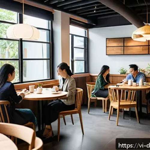 Home 33 효과적인 네트워킹을 위한 환경 조성 요령 - A modern, cozy networking event space in a quiet Vietnamese coffee shop setting, featuring natural s...