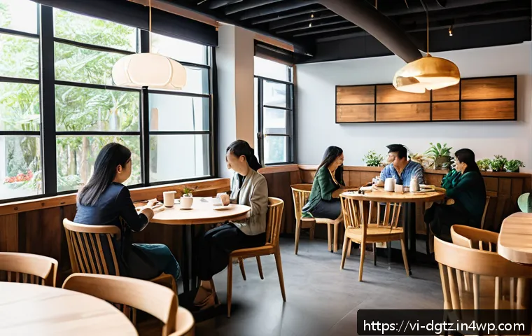 효과적인 네트워킹을 위한 환경 조성 요령 - A modern, cozy networking event space in a quiet Vietnamese coffee shop setting, featuring natural s...