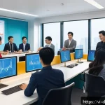 Home 20 디지털 네트워킹을 위한 콘텐츠 전략 - A modern Vietnamese office setting with a diverse team of young professionals analyzing digital data...