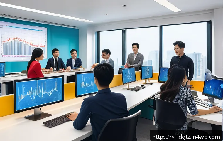 디지털 네트워킹을 위한 콘텐츠 전략 - A modern Vietnamese office setting with a diverse team of young professionals analyzing digital data...