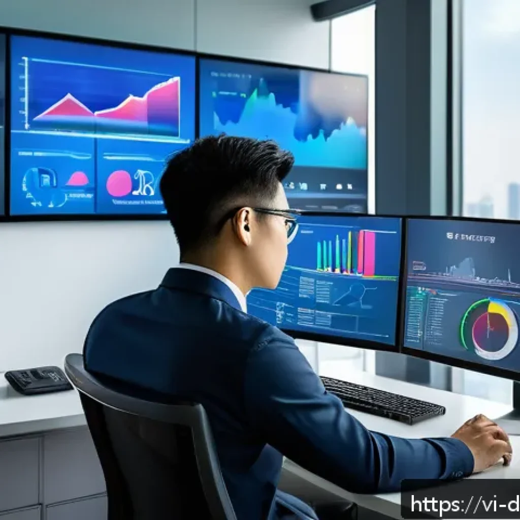 디지털 네트워킹에서의 인사이트 공유하기 - A modern Vietnamese professional workspace featuring a young man in business casual attire analyzing...