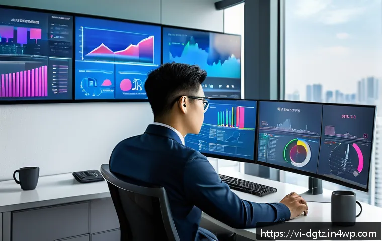 디지털 네트워킹에서의 인사이트 공유하기 - A modern Vietnamese professional workspace featuring a young man in business casual attire analyzing...