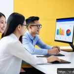 Home 23 디지털 네트워킹의 전략적 방향 설정하기 - A modern Vietnamese digital marketing team in a bright, contemporary office, collaborating around a ...